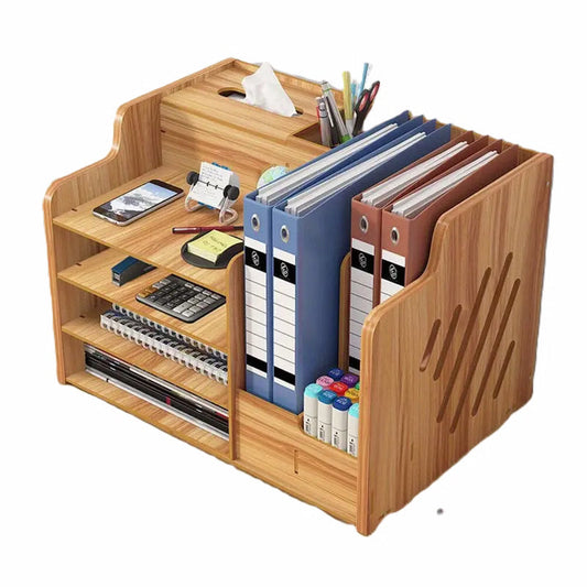 Wooden Office Document Storage Rack with Tiered Shelves - No Drawer