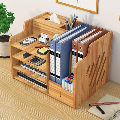 Wooden Office Document Storage Rack with Tiered Shelves - No Drawer