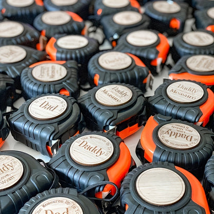 Unique 'No One Measures Up' Wooden Tape Measure – Orange Metal Lock