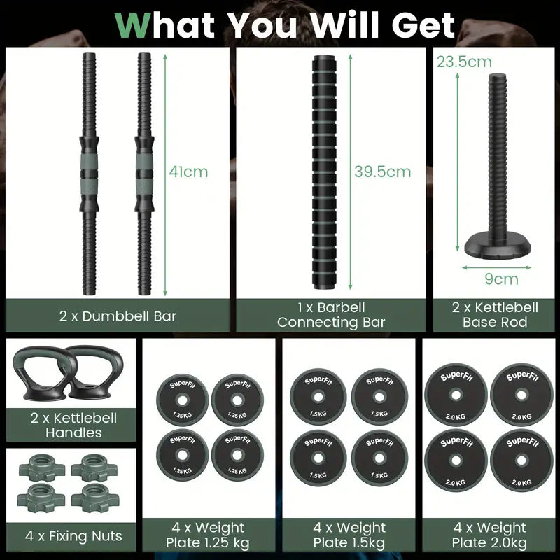 3-in-1 Adjustable Dumbbells, Kettlebell, and Barbell Weight Set – Gray