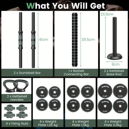 3-in-1 Adjustable Dumbbells, Kettlebell, and Barbell Weight Set – Gray