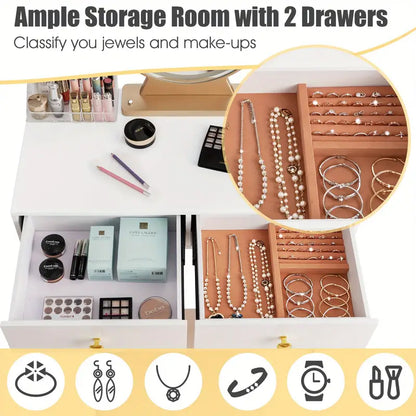 Elegant White Dressing Table Stool Set with LED Oval Mirror