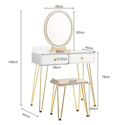 Elegant White Dressing Table Stool Set with LED Oval Mirror