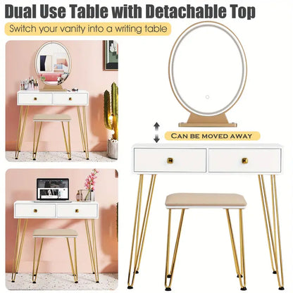 Elegant White Dressing Table Stool Set with LED Oval Mirror