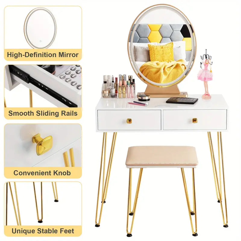 Elegant White Dressing Table Stool Set with LED Oval Mirror