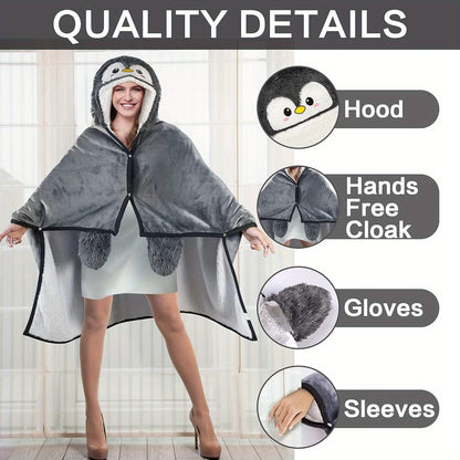 Penguin Hooded Wearable Blanket with Gloves