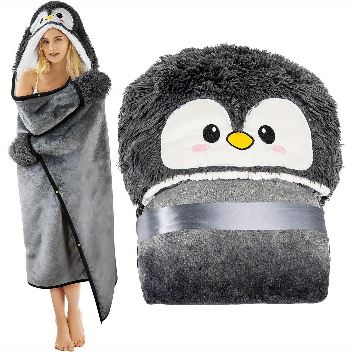 Penguin Hooded Wearable Blanket with Gloves
