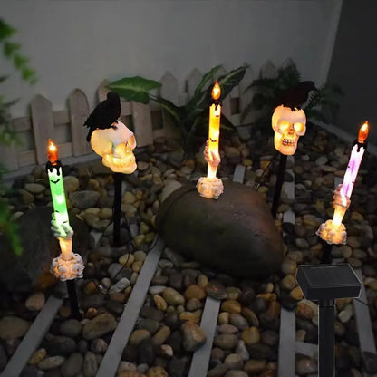 5-Pack Solar Skull & Candle Lights with Black Crow – Waterproof