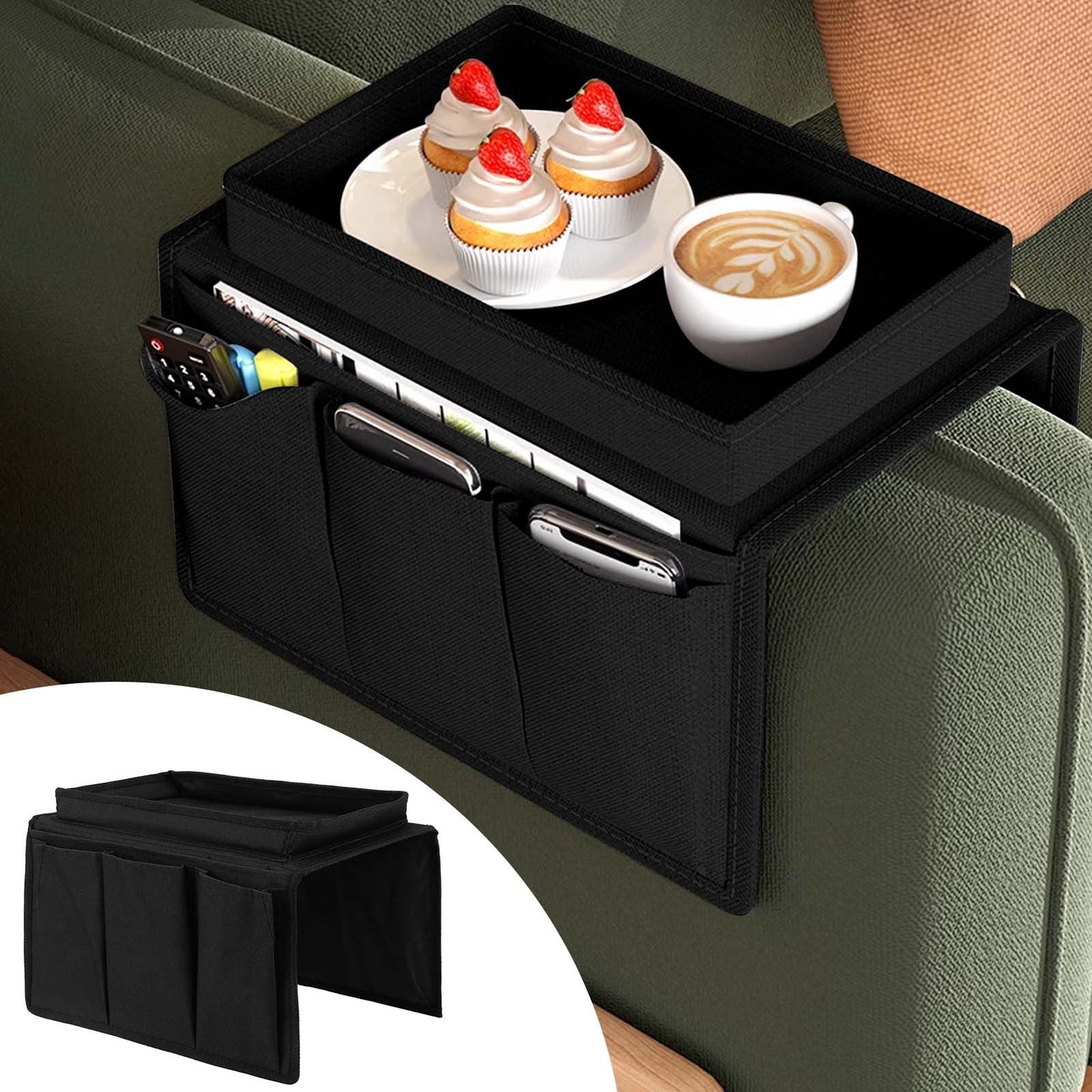 Sofa Armrest Organizer with Tray & Storage Pockets