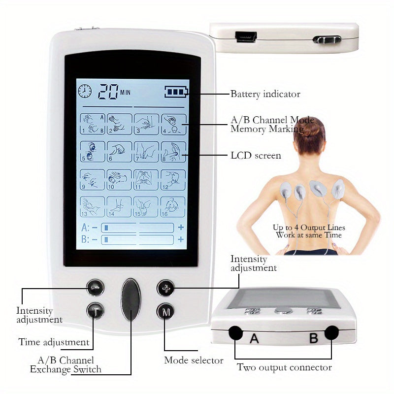 16-Mode Electric Massager - Dual Output EMS & TENS(White)