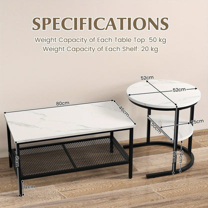 2x Nesting Coffee Table Set - White Faux Marble Top