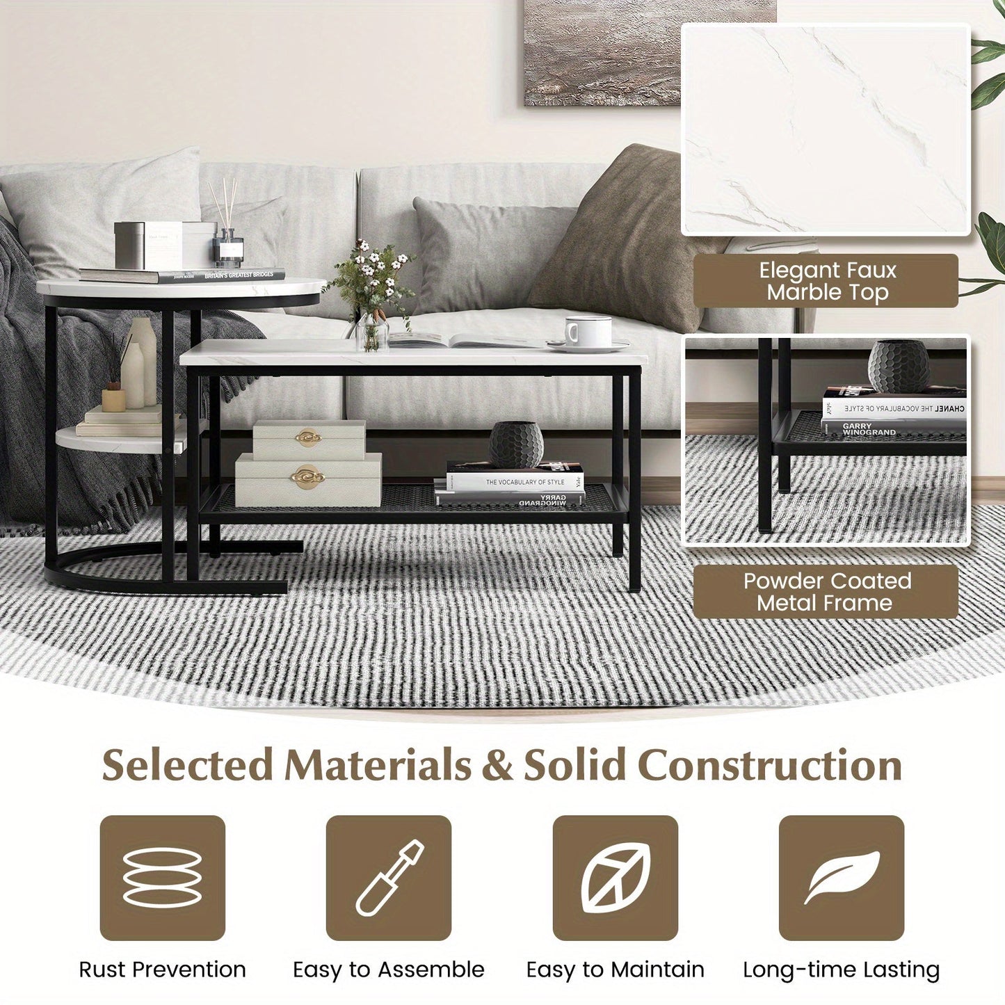 2x Nesting Coffee Table Set - White Faux Marble Top