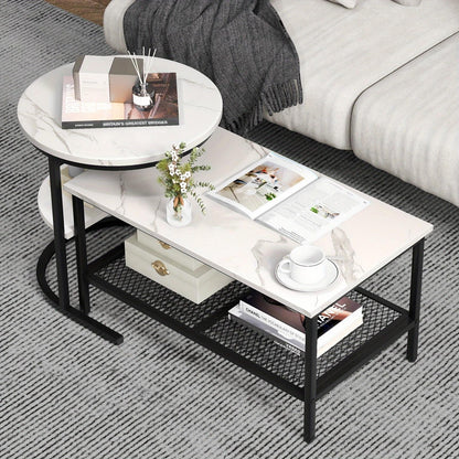 2x Nesting Coffee Table Set - White Faux Marble Top