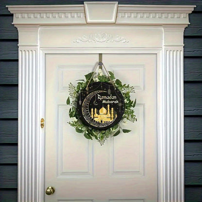 Wooden Ramadan Mubarak Sign Round Wreath Decor