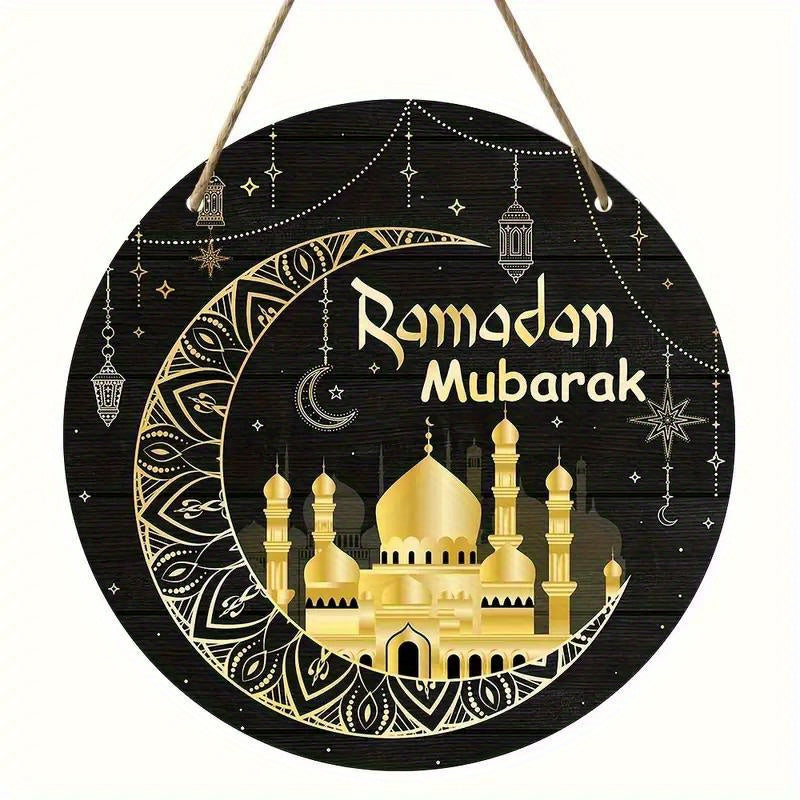 Wooden Ramadan Mubarak Sign Round Wreath Decor