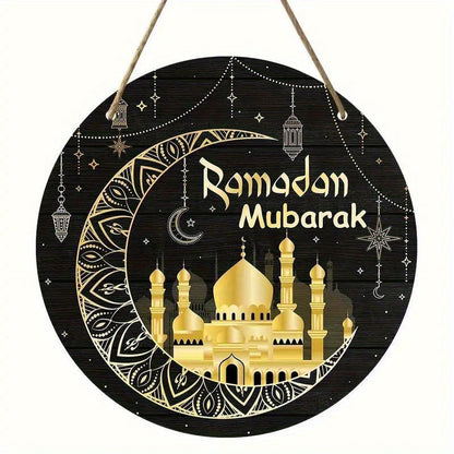 Wooden Ramadan Mubarak Sign Round Wreath Decor