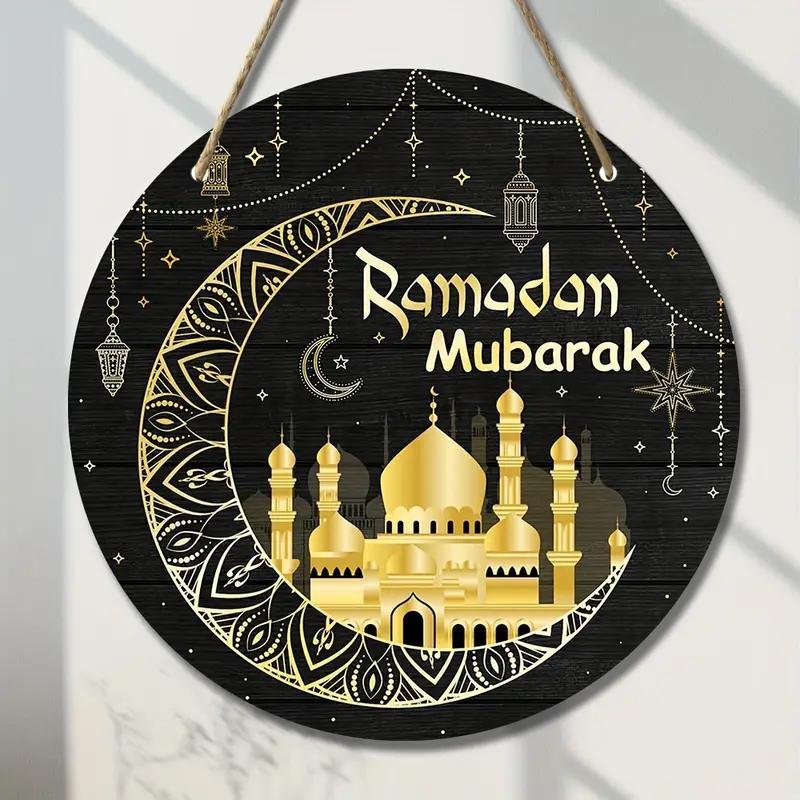 Wooden Ramadan Mubarak Sign Round Wreath Decor