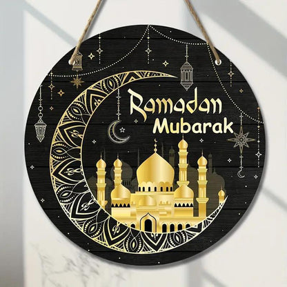 Wooden Ramadan Mubarak Sign Round Wreath Decor