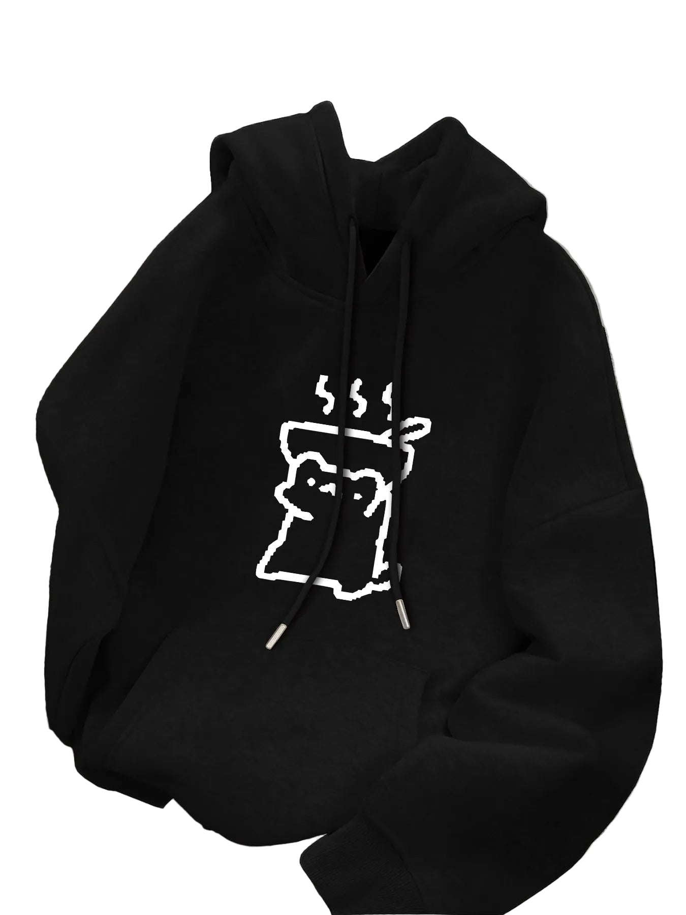 Bowl-Wearing Figure Graphic Hoodie