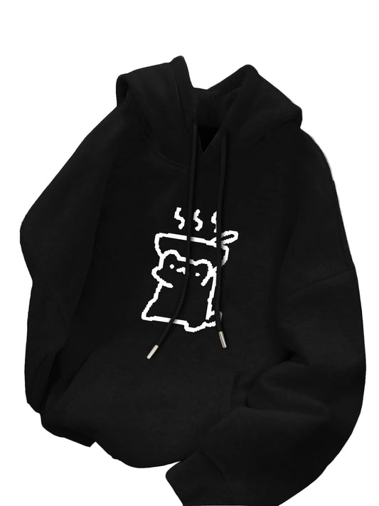 Bowl-Wearing Figure Graphic Hoodie