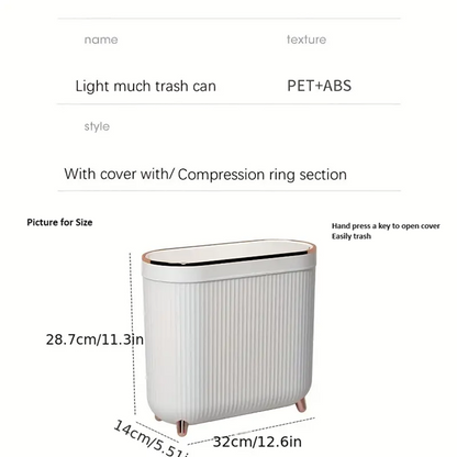 Compact Toilet Trash Can with Quiet Close Lid - White Gray Plastic, Space-Saving Design