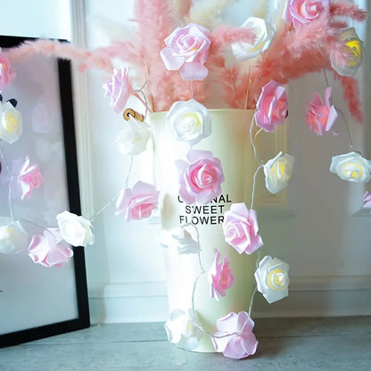 LED Foam Rose Flower String Lights - Touch-Controlled Small Lantern (Pink & White)