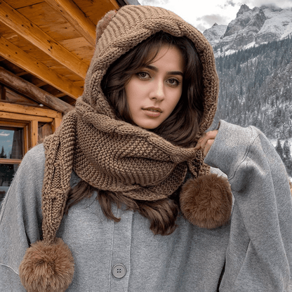 Women's Knit Beanie Hat with Scarf & Pom-Poms