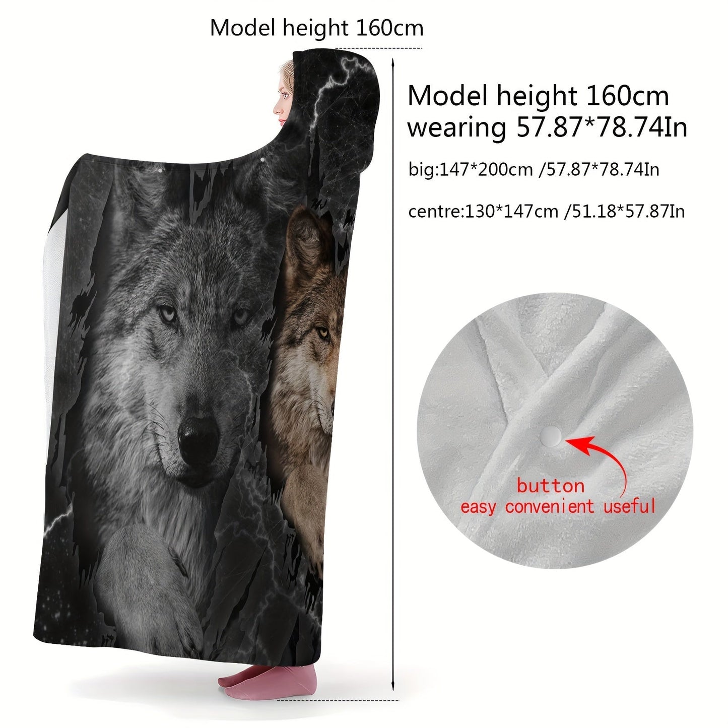 Wolf Pattern Wearable Hat Blanket Flannel