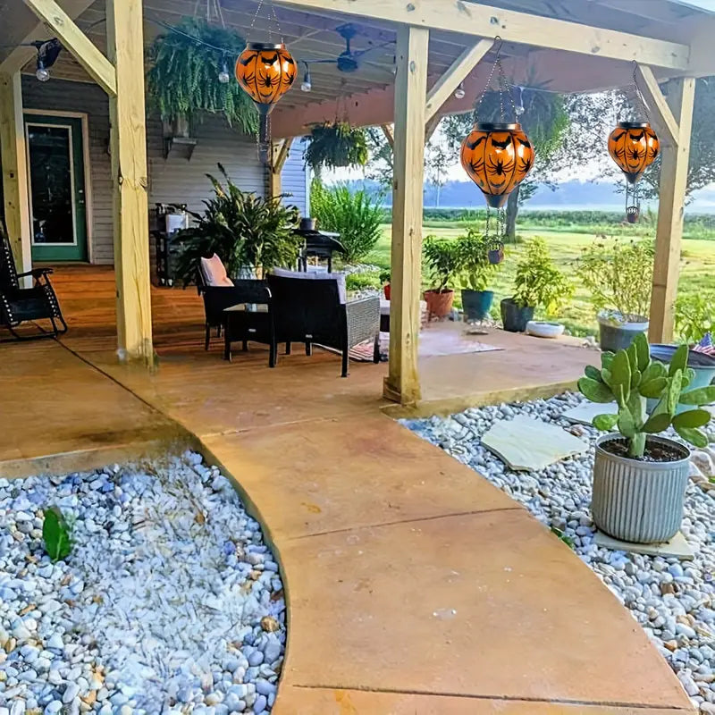 Classic Orange Glass Globe Solar Lantern - Bats & Spiders