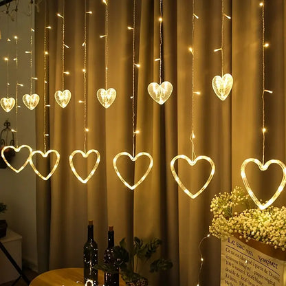 Waterproof Heart-Shaped LED Curtain String Lights - 138 LEDs, 8 Flashing Modes