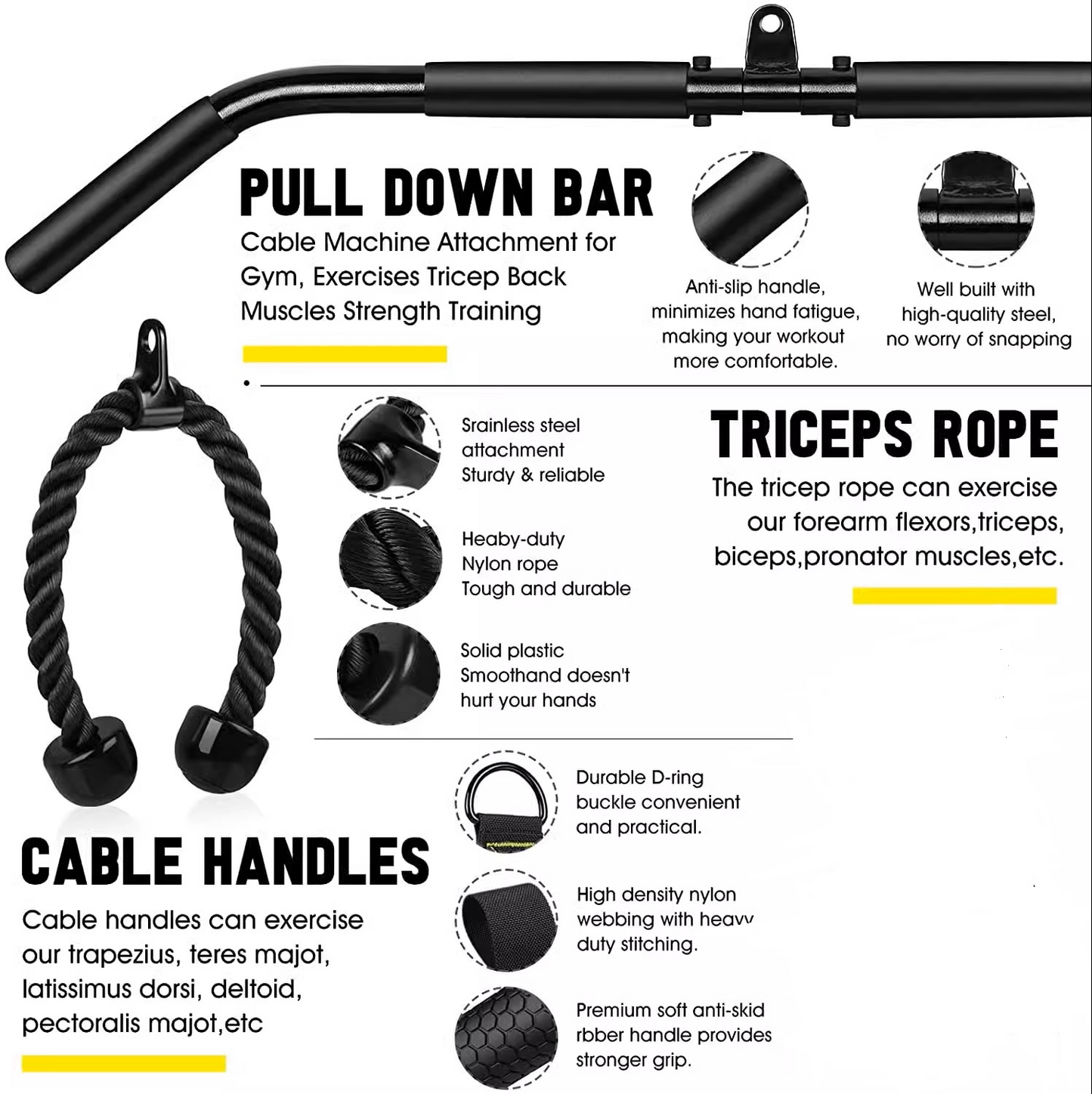 Home Fitness Pulley System – (Single Pulley with Long Pull Rod & 3-Head Rope)