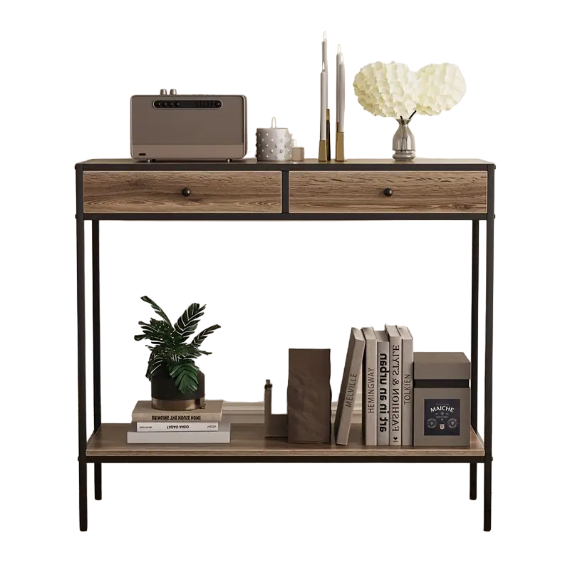 Brown Rectangular Living Room Entryway Table with Shelf and Two Drawers