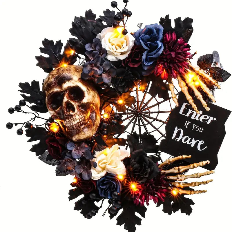 Eerie Illuminations: Skull Wreath with Spider Web and LEDs