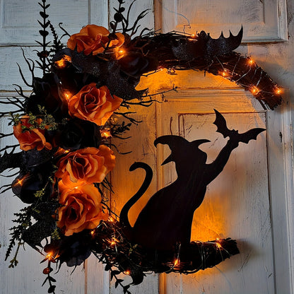 Halloween Witch Cat Moon Wreath Door Decor