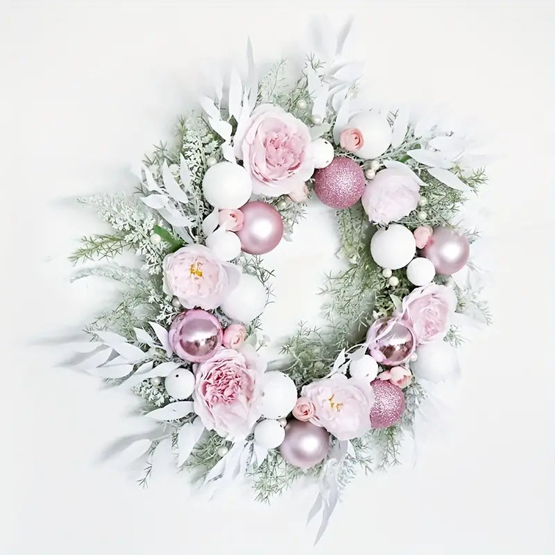 Blushing Elegance: A Pink Christmas Wreath Adorned with Baubles