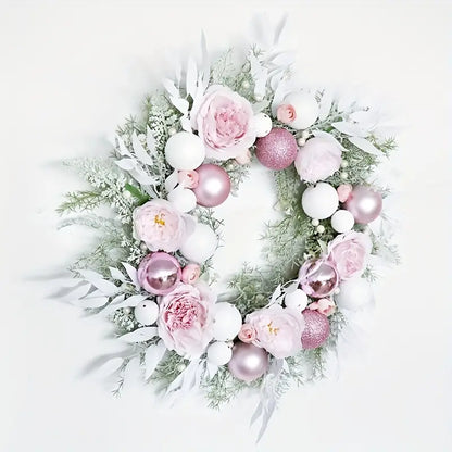 Blushing Elegance: A Pink Christmas Wreath Adorned with Baubles