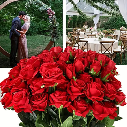 12-Piece Realistic Artificial Rose Bouquet - Red Long Stem Roses for Floral Arrangements