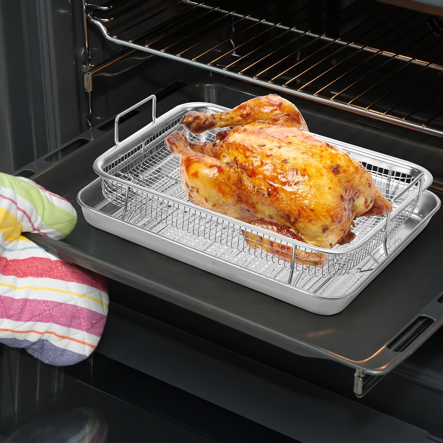 Stainless Steel Oven Grilling Basket with Double Handle