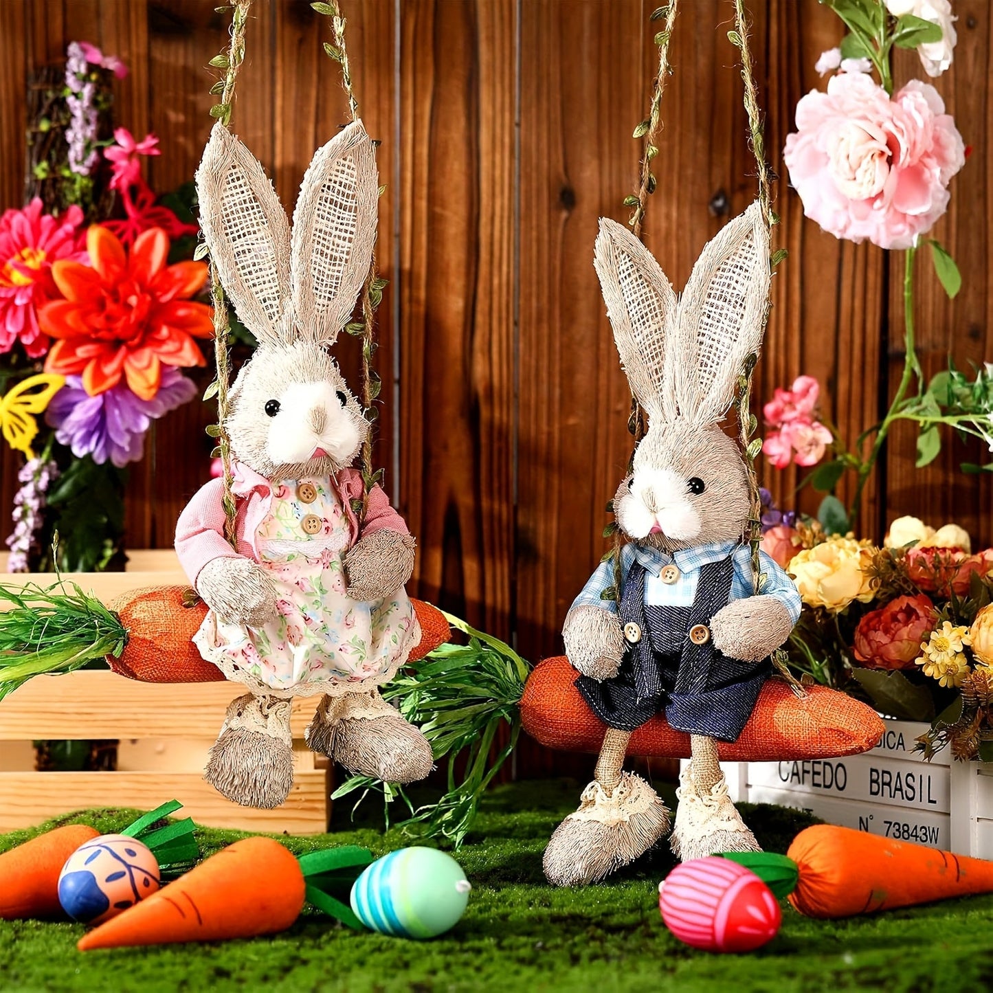 2pcs Easter Hanging Rabbit Statue with Carrot Swing