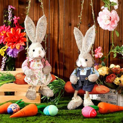 2pcs Easter Hanging Rabbit Statue with Carrot Swing