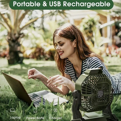 Portable Rechargeable Camping Fan - 7800mAh Battery, Cordless, USB Operated, Wireless, Hanging Hook