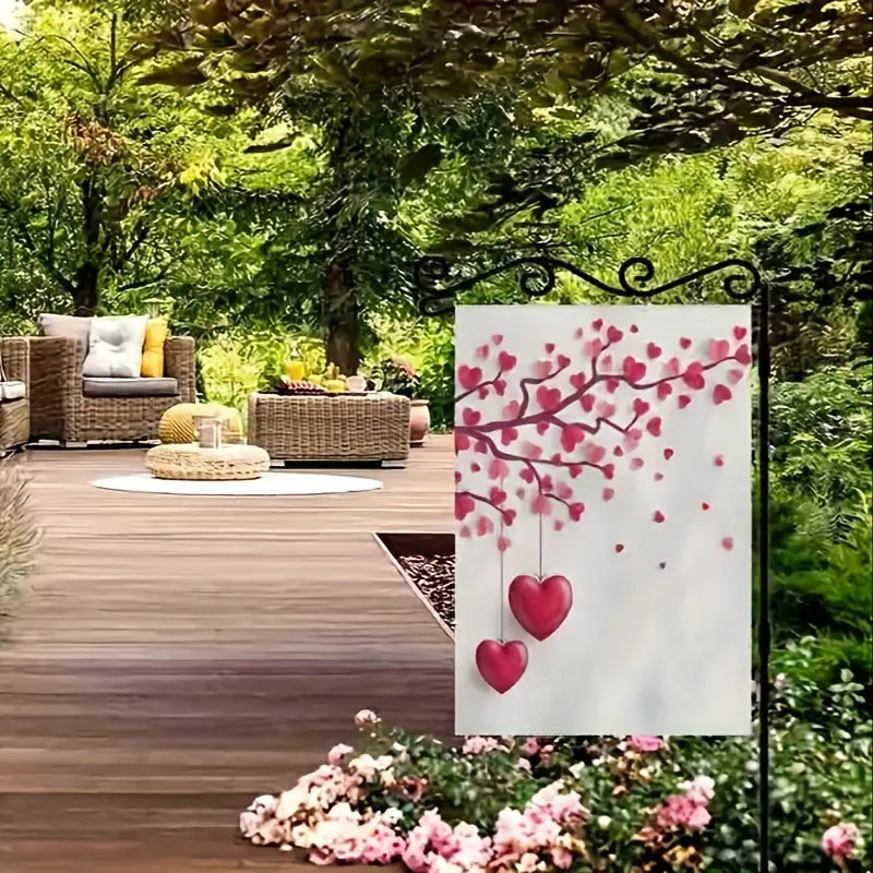 Valentine's Day Garden Flag - Double-Sided Tree with Paper Leaves & Hanging Hearts Burlap Yard Decor (31.75 x 45.72 cm)