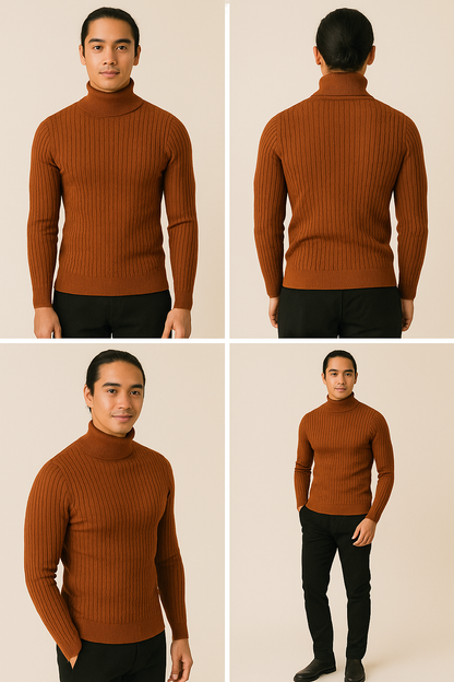 Men's Turtleneck Warm Pullover Knitted Sweater (Brown)