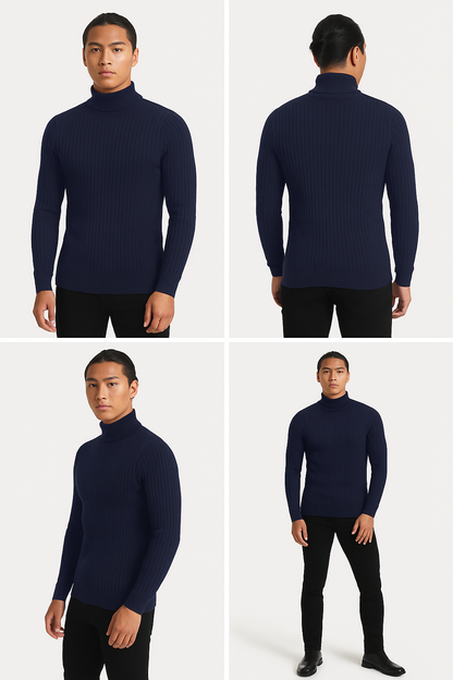 Men's Turtleneck Warm Pullover Knitted Sweater (Navy Blue)