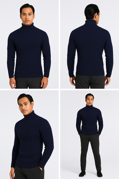Men's Turtleneck Warm Pullover Knitted Sweater (Navy Blue)