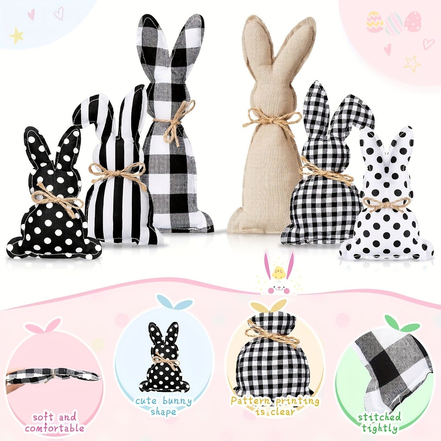 Set of 6 Easter Bunny Decor with Polka Dot Baskets
