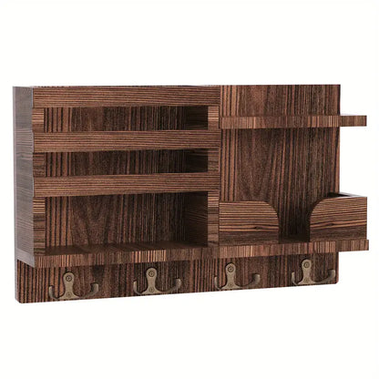 Traditional Wooden Wall-Mounted Storage Shelf with Hooks
