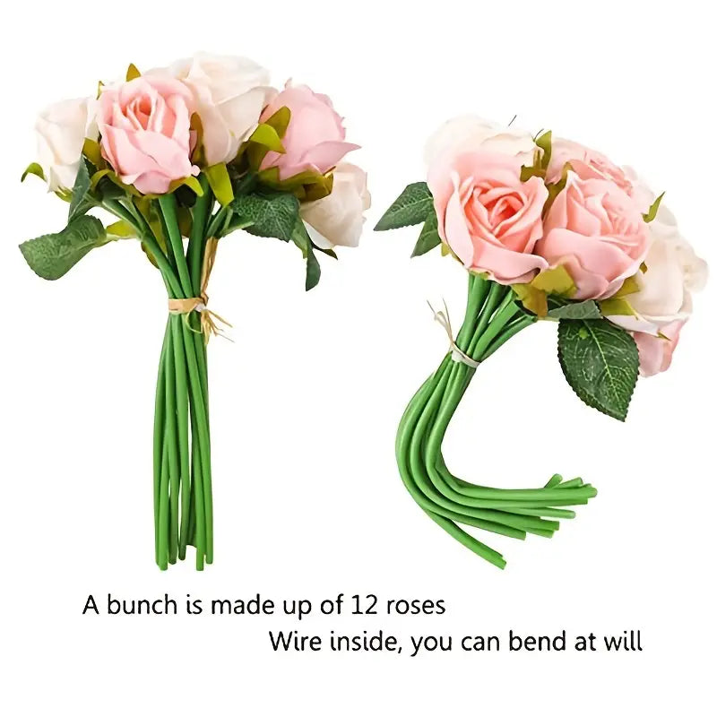 12-Piece Premium Artificial Rose Flowers with Stems(Champagne)
