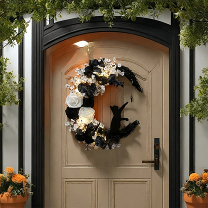 Gothic Cat Moon Wreath Door Hanging Decor