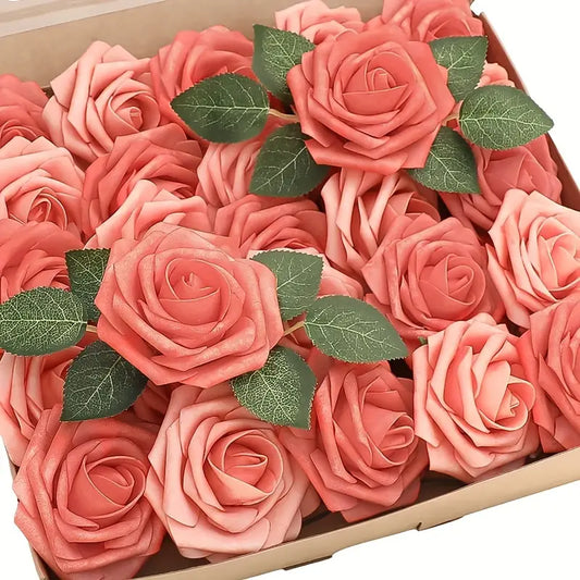 25-Piece Retro Deep and Light Coral Artificial Roses Set with Real Touch Feel